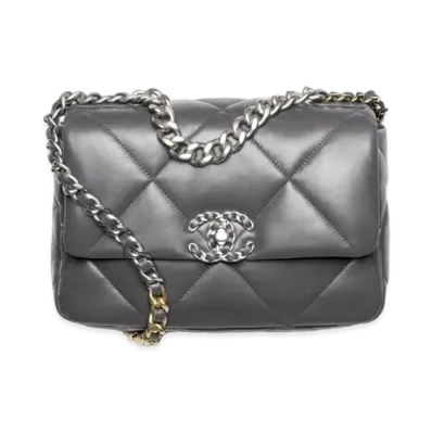 CHANEL 19 Handbag Shiny Lambskin Gold Tone Silver Tone & Ruthenium Finish Metal "Gray"