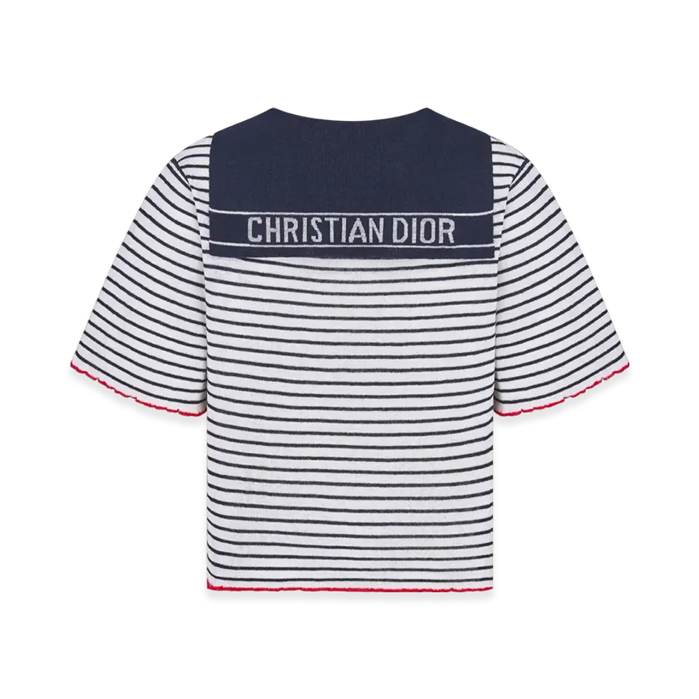 Dior Women's Linen Cashmere and Silk Ribbed Knit with Dior Mariniere Motif Dioriviera Sweater "White/Navy"