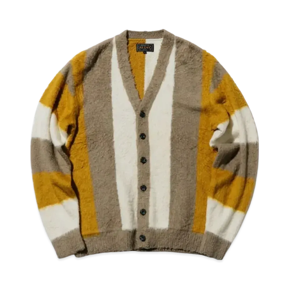 BEAMS Cardigan Stripe Cotton Shaggy "Beige"