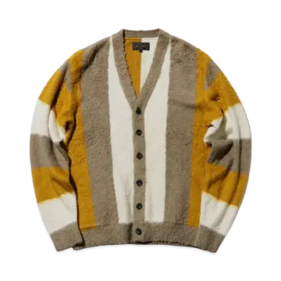BEAMS Cardigan Stripe Cotton Shaggy "Beige"