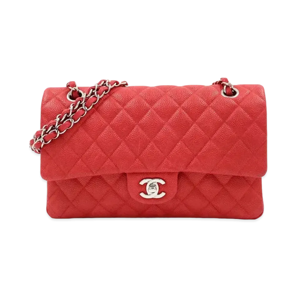 CHANEL Matelasse Classic Double Flap Caviarskin "Red/Silver"