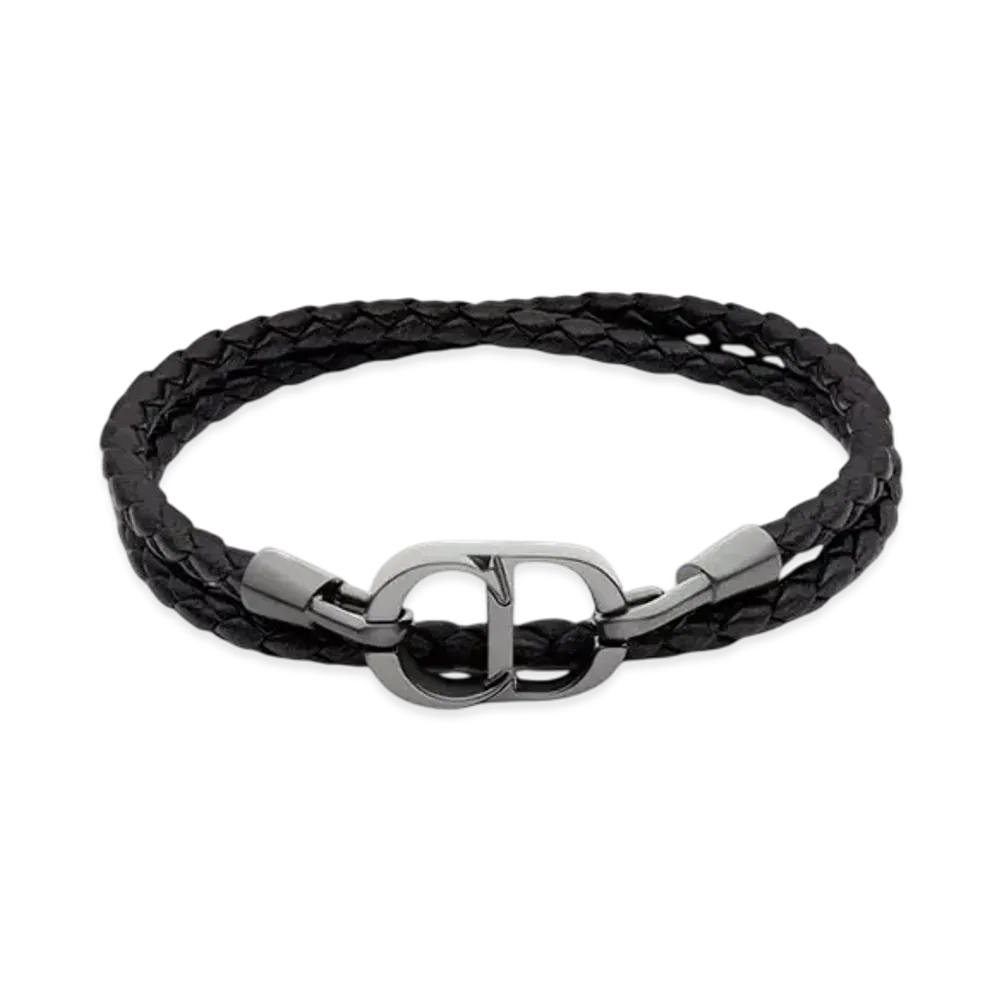 Dior CD Icon Braided Leather Double Bracelet Lambskin and Ruthenium-Finish Brass "Black"