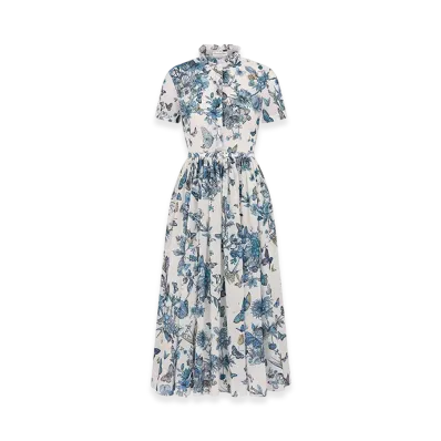 Dior Women's Mid-Length Shirt Dress Voile Toile Mexico Motif "White/Pastel Midnight Blue"