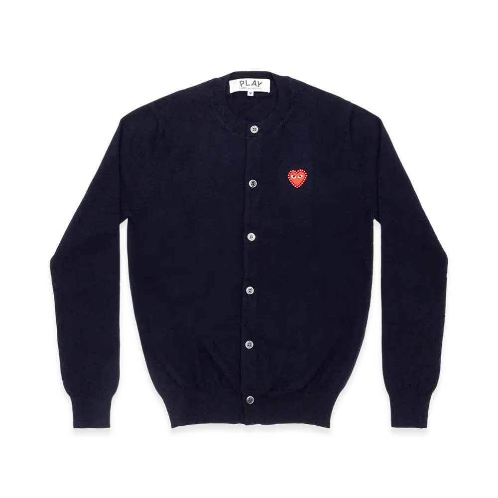 PLAY COMME des GARCONS Unisex Round Neck Cardigan with Emblem x Rhinestone "Navy"
