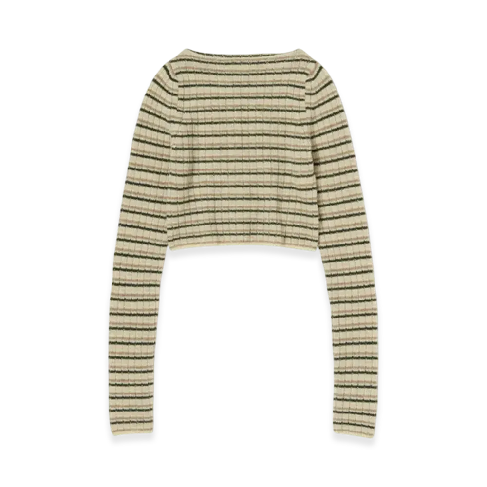 AURALEE Shetland Wool Cashmere Rib Knit Boat-Neck P/O "Gray Stripe"