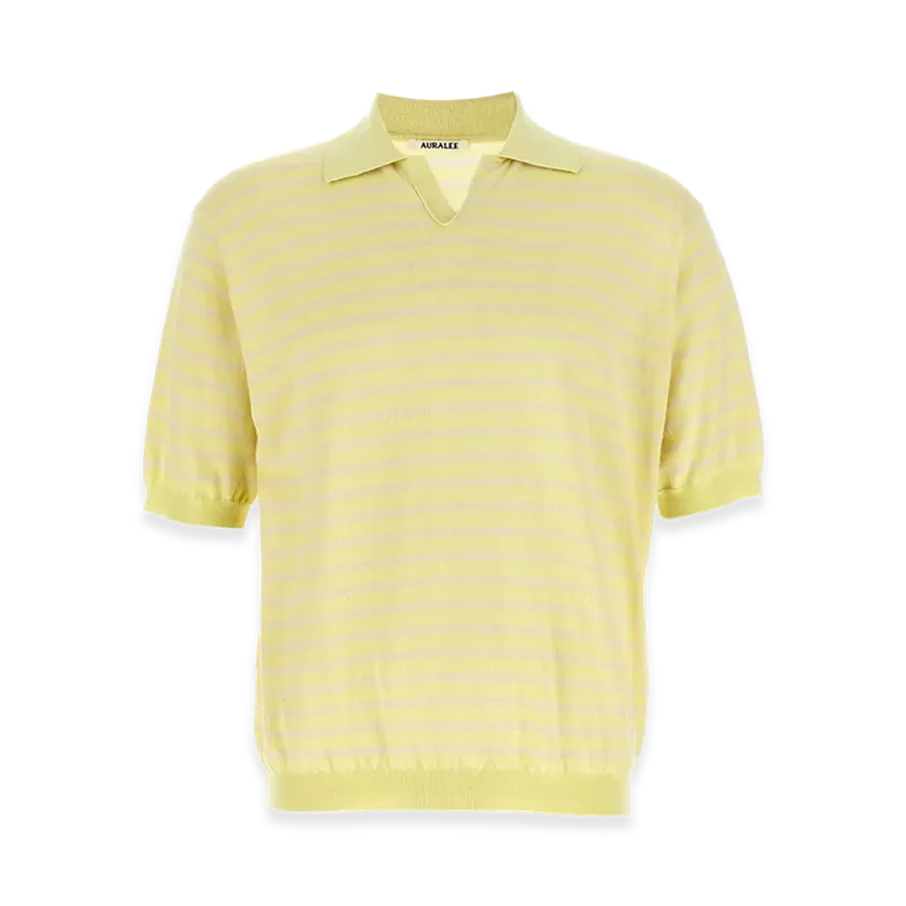 AURALEE High Gauge Cotton Knit Skipper Polo "Yellow Pink Stripe"