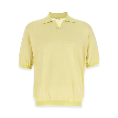 AURALEE High Gauge Cotton Knit Skipper Polo "Yellow Pink Stripe"