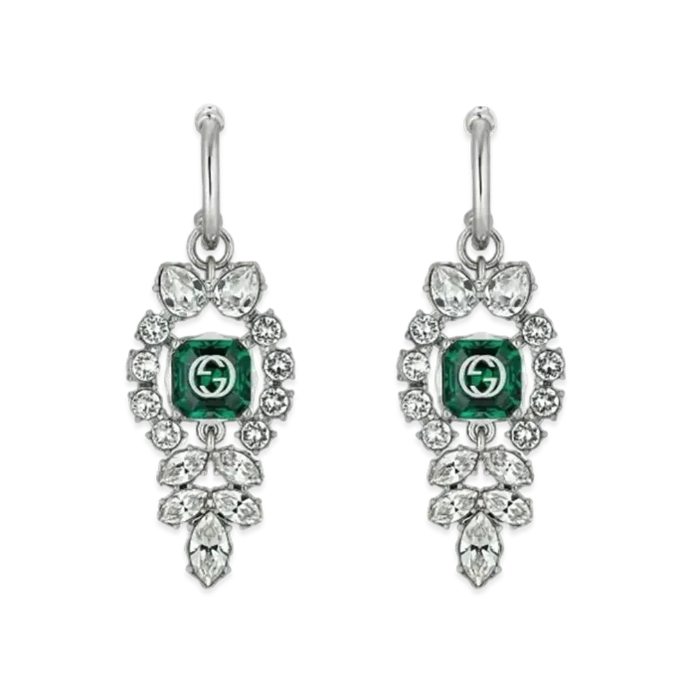 GUCCI Crystal Interlocking Double G Earrings "Palladium"