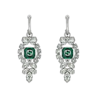 GUCCI Crystal Interlocking Double G Earrings "Palladium"
