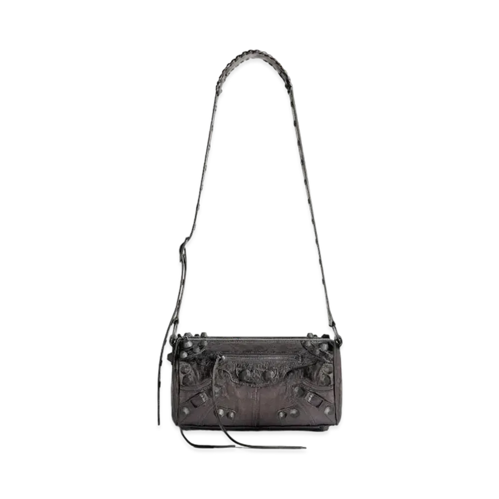 BALENCIAGA Le Cagole Cylinder Bag In Metallized Arena Lambskin "Dark Grey"