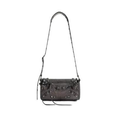 BALENCIAGA Le Cagole Cylinder Bag In Metallized Arena Lambskin "Dark Grey"