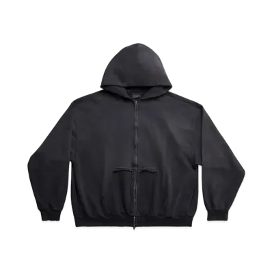 BALENCIAGA MENS Tape Type Ripped Pocket Zip Up Hoodie Large Fit "Black"