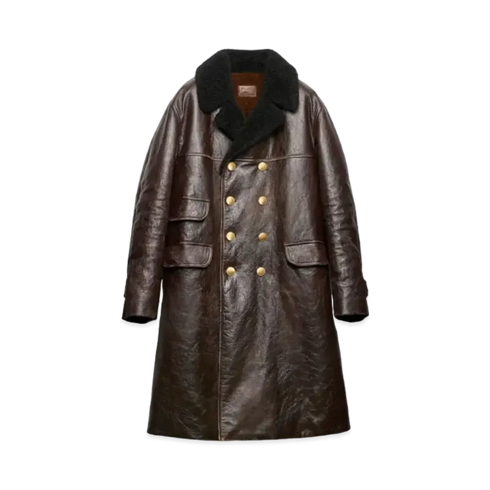 PRADA Men's Double-Breasted Leather Coat "Brown"