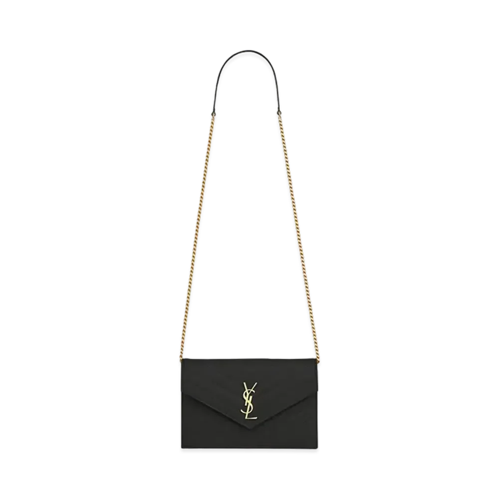 Saint Laurent Envelope Chain Wallet In Grain De Poudre Embossed Leather "Black"