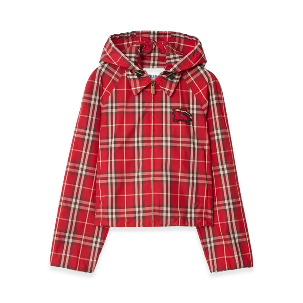 Burberry Women's Cropped Check Newcott Hooded Jacket "Crayon Red"