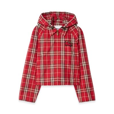 Burberry Women's Cropped Check Newcott Hooded Jacket "Crayon Red"
