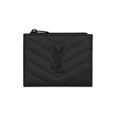 Saint Laurent Monogram Zippered Card Case In Grain De Poudre Embossed Leather "Black"