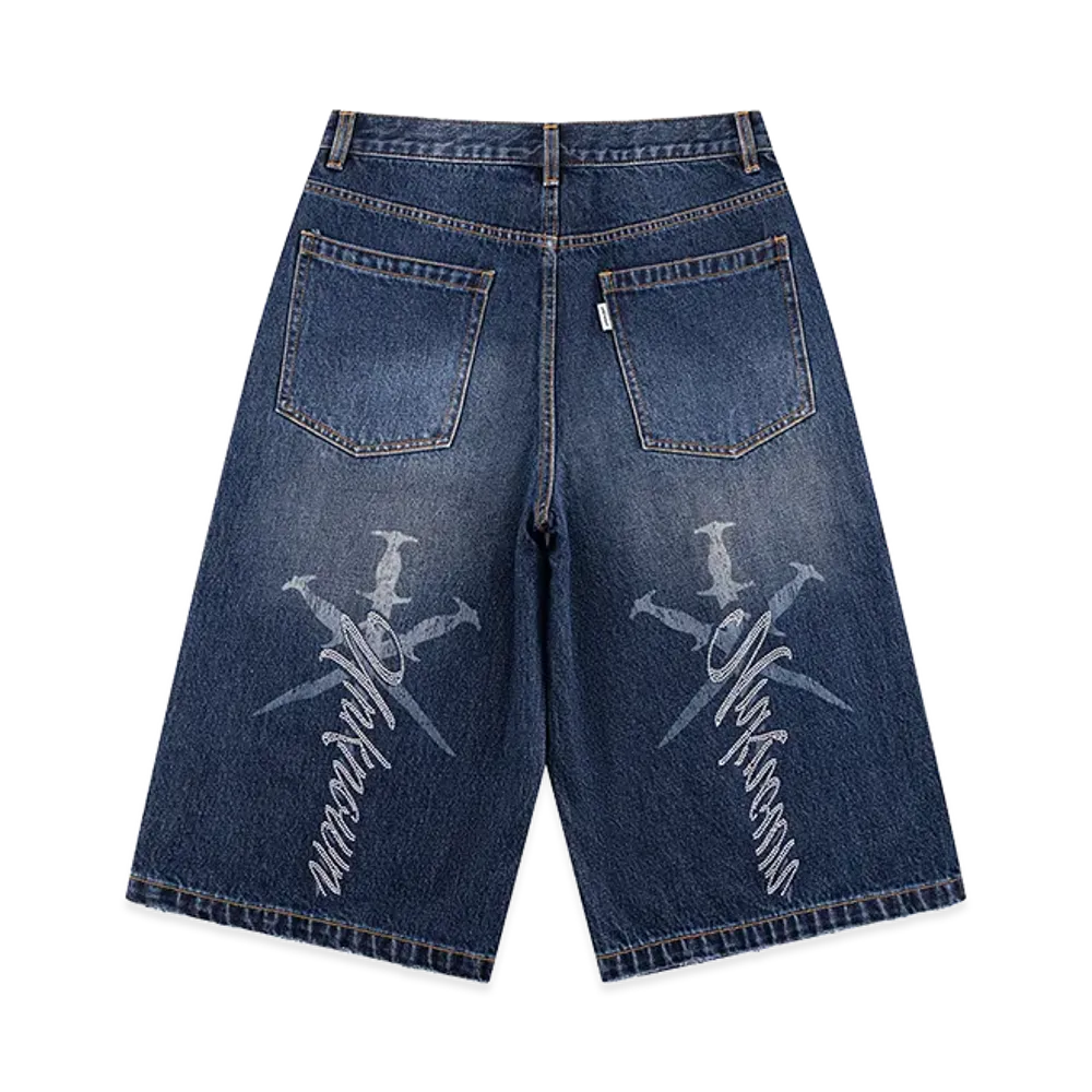 Unknown London Cursive Rhinestone Washed Jorts "Blue"