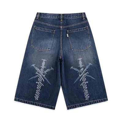 Unknown London Cursive Rhinestone Washed Jorts "Blue"