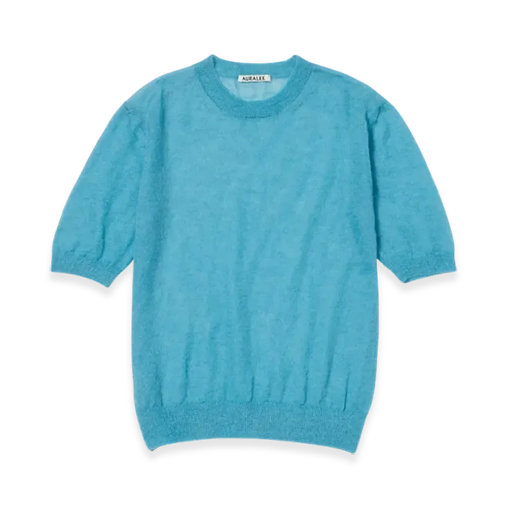 AURALEE Kid Mohair Sheer Knit T-Shirt "Turquoise Blue"