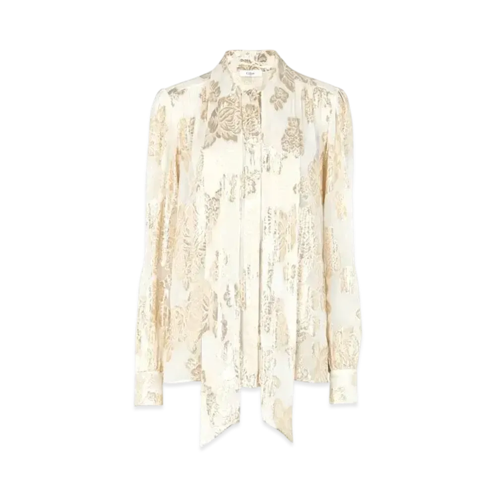 Chloe Gathered Lavalliere Blouse In Silk Jacquard and Lurex "Coconut Milk"