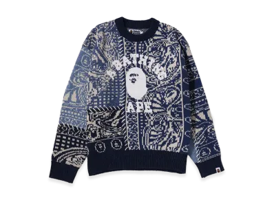 A BATHING APE Paisley Pattern College Knit Crewneck Sweatshirt "Navy"
