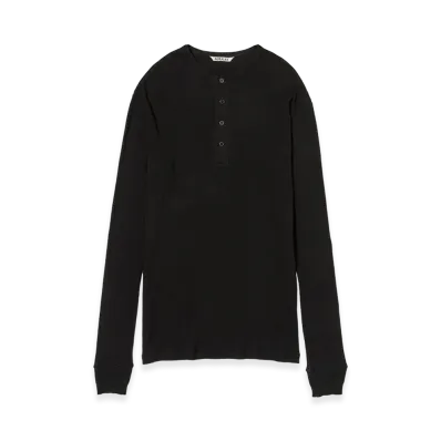 AURALEE Organic Soft Rib Henley Neck P/O "Black"
