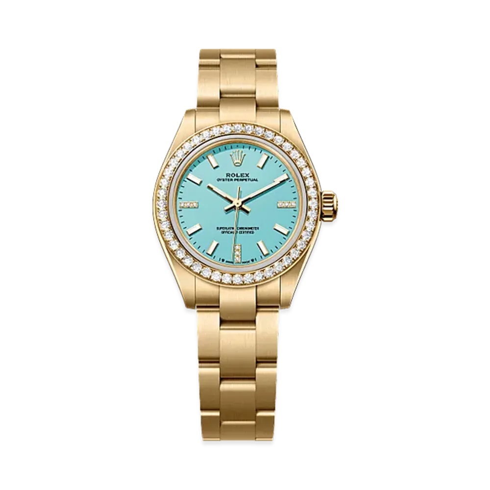 ROLEX Oyster Perpetual 28 Yellow Gold Diamond "Turquoise Blue"