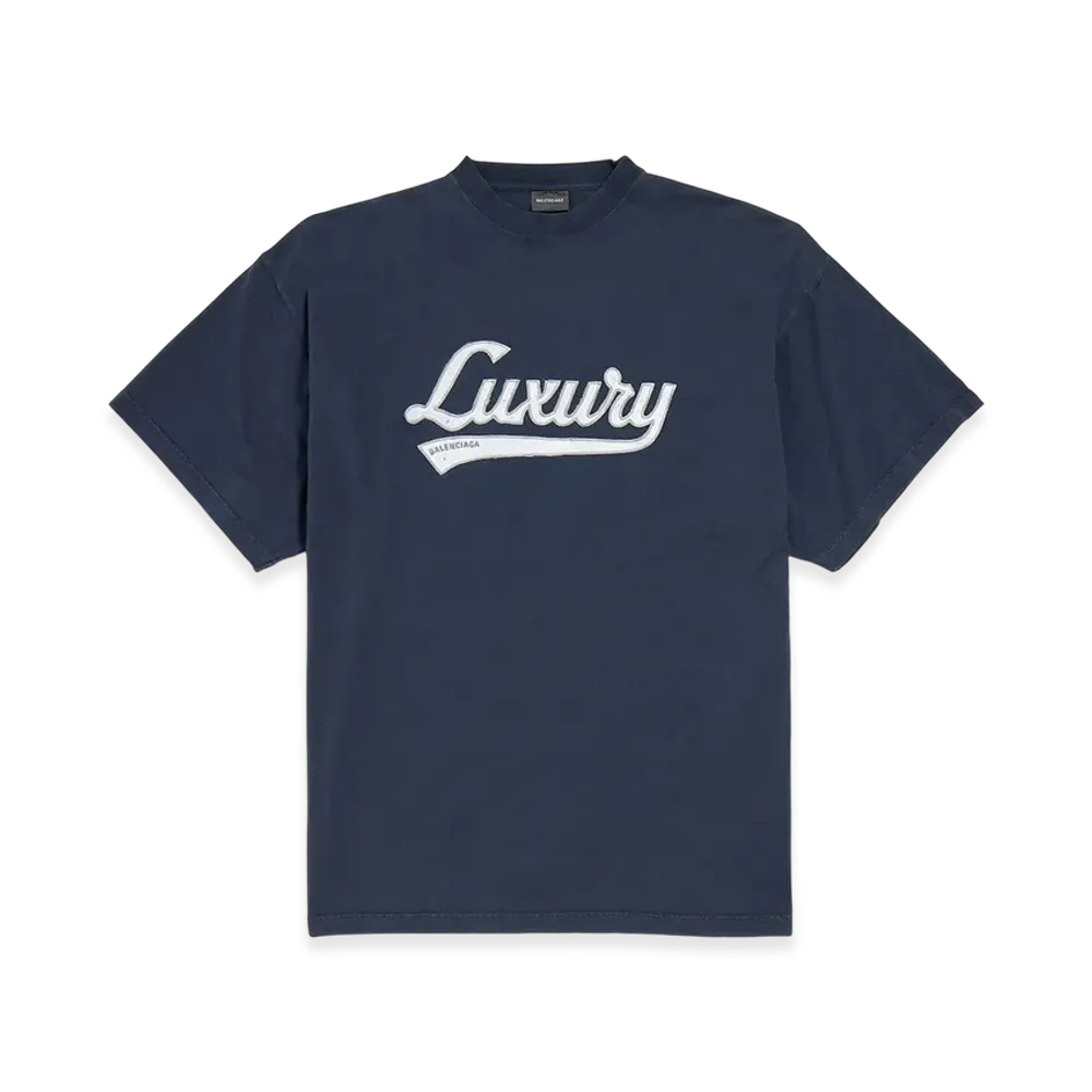 BALENCIAGA Luxury Script Oversize T-shirt "Washed Navy/White"
