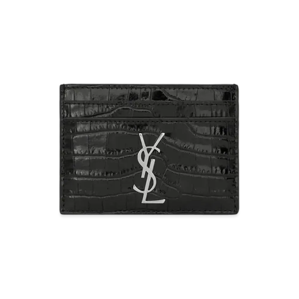 Saint Laurent Monogram Card Case In Crocodile Embossed Shiny Leather "Black"