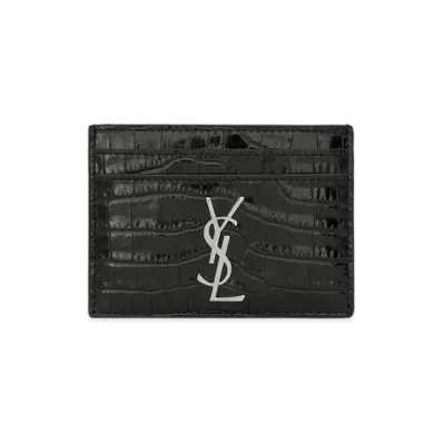 Saint Laurent Monogram Card Case In Crocodile Embossed Shiny Leather "Black"