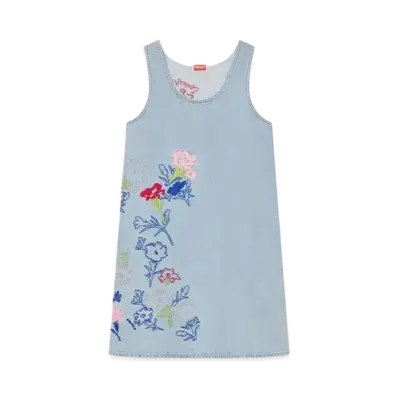 KENZO 'DRAWN FLOWERS' Sleeveless Embroidery Dress "Stone Bleached Blue Denim"