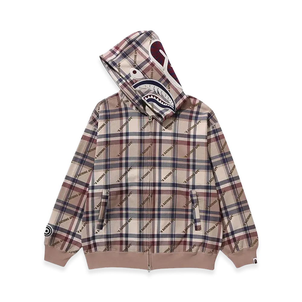 A BATHING APE Bape Logo Check Pattern Shark Full Zip Hoodie "Beige"
