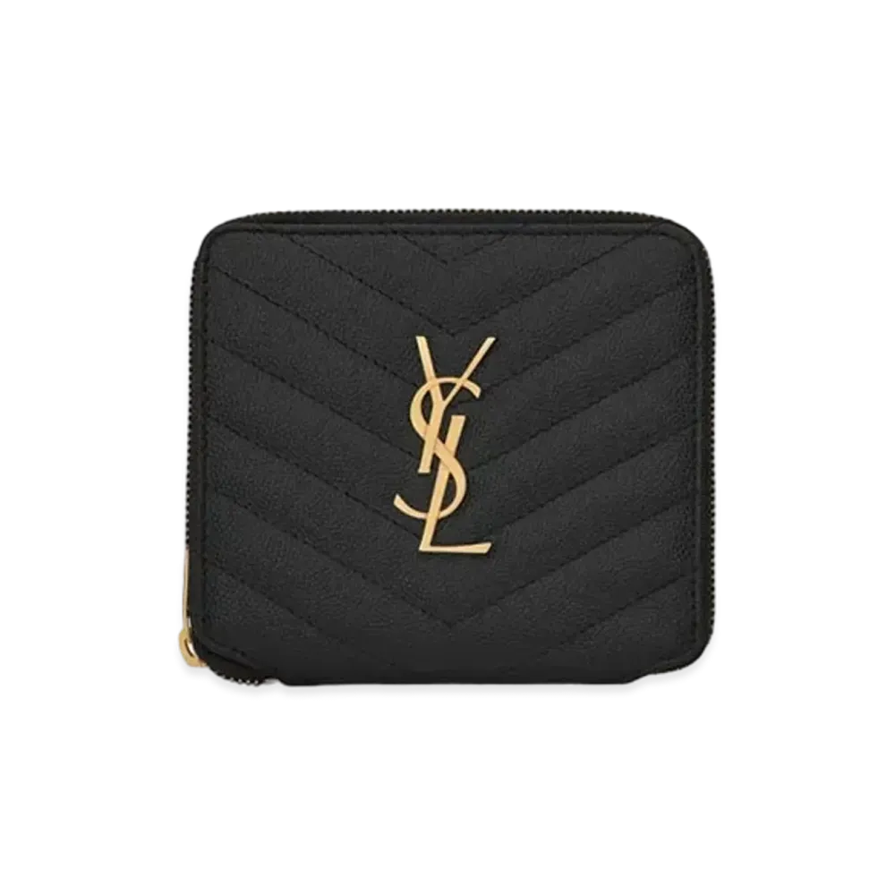 Saint Laurent Monogram Compact Zippered Wallet In Grain De Poudre Embossed Leather "Black"