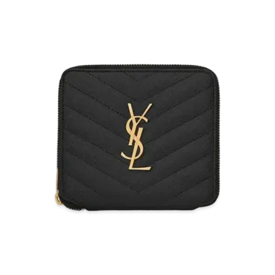 Saint Laurent Monogram Compact Zippered Wallet In Grain De Poudre Embossed Leather "Black"