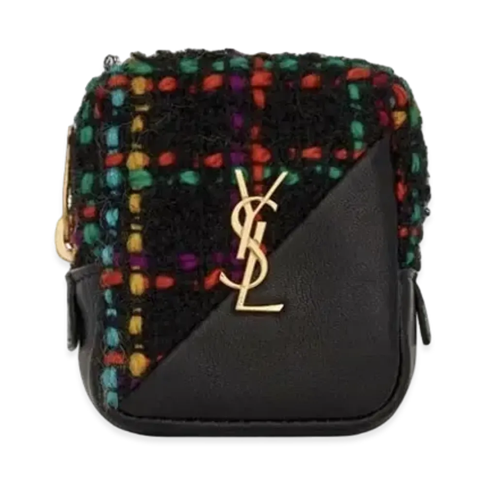 SAINT LAURENT Jamie Cube Charm In Checked Tweed And Lambskin "Black"