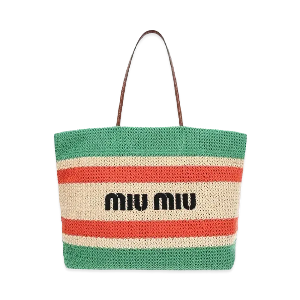 MIU MIU Raffia And Cotton Tote Bag "Beige/Apple Green"