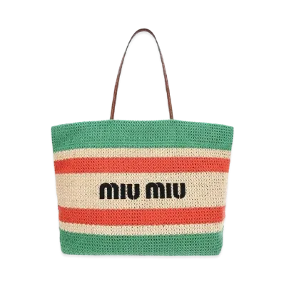 MIU MIU Raffia And Cotton Tote Bag "Beige/Apple Green"
