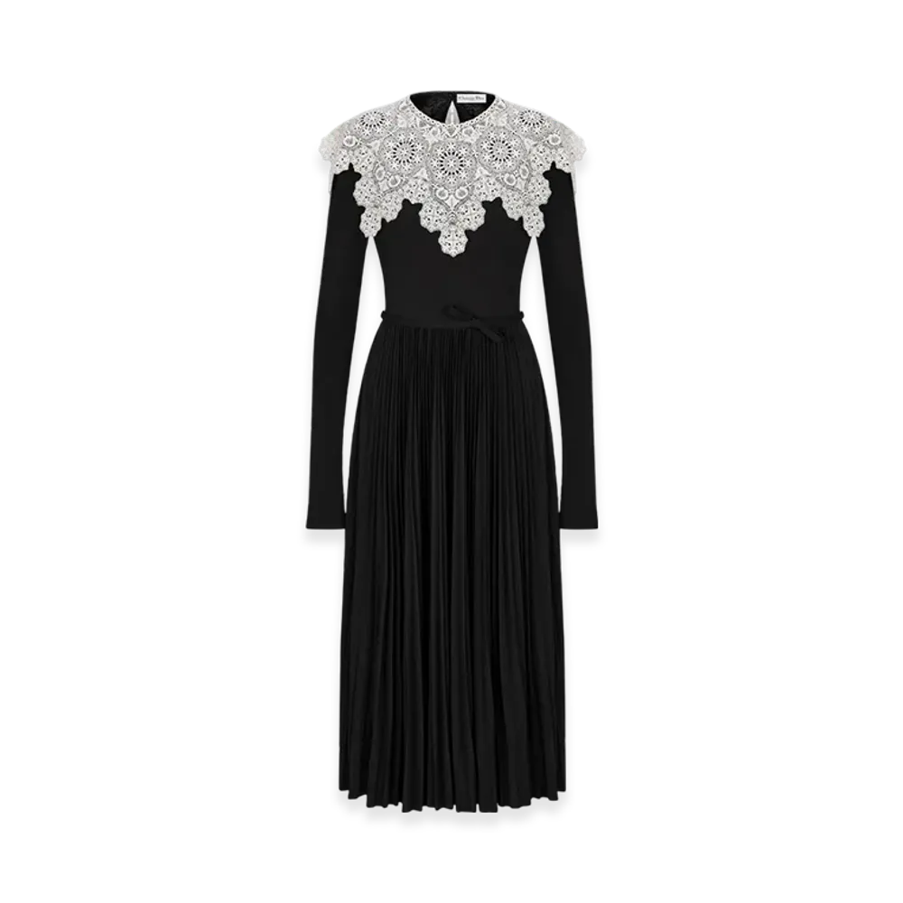 Dior Women's Mid-Length Pleated Dress Technical Jersey Lace "Black/White"