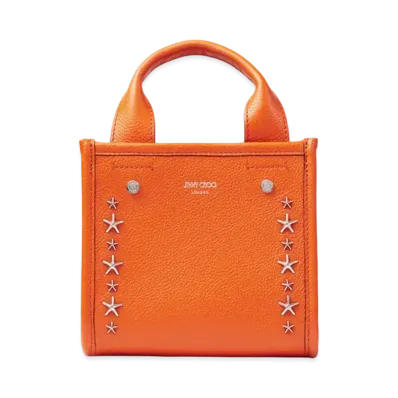JIMMY CHOO SHOPPER TOTE/S Soft Grainy Curf Leather Tote Bag With Silver Star Studs "Amber Orange"