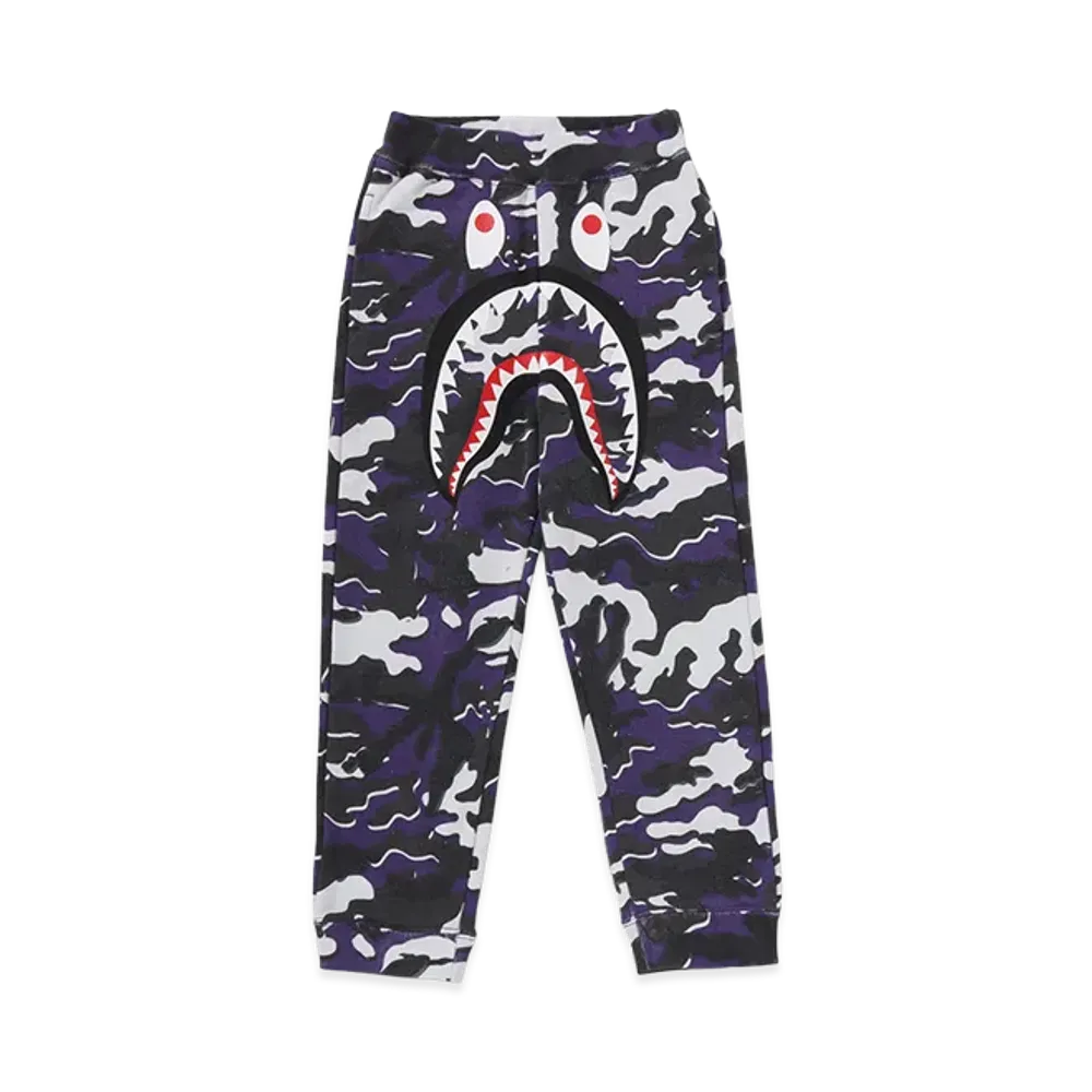 A BATHING APE Kids Glitch Woodland Camo Shark Sweat Pants "Purple"