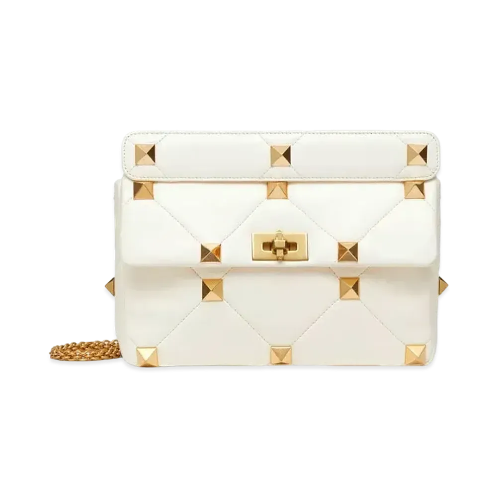 Valentino Large Roman Stud The Shoulder Bag In Nappa With Chain "Ivory"