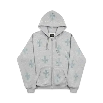 Unknown London Crosses Rhinestone Zip Hoodie "Grey"