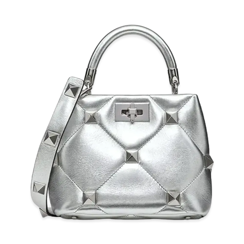 Valentino Roman Studs Metallic Nappa Leather Small Handle Bag "Silver"