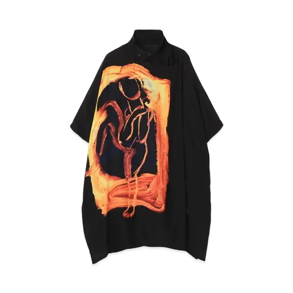 Yohji Yamamoto Pour Homme <PIECE UNIQUE>SILK SATIN YUUKA ASAKURA+ORIGINAL PRINT RIGHT DECO BLOUSE "Black"