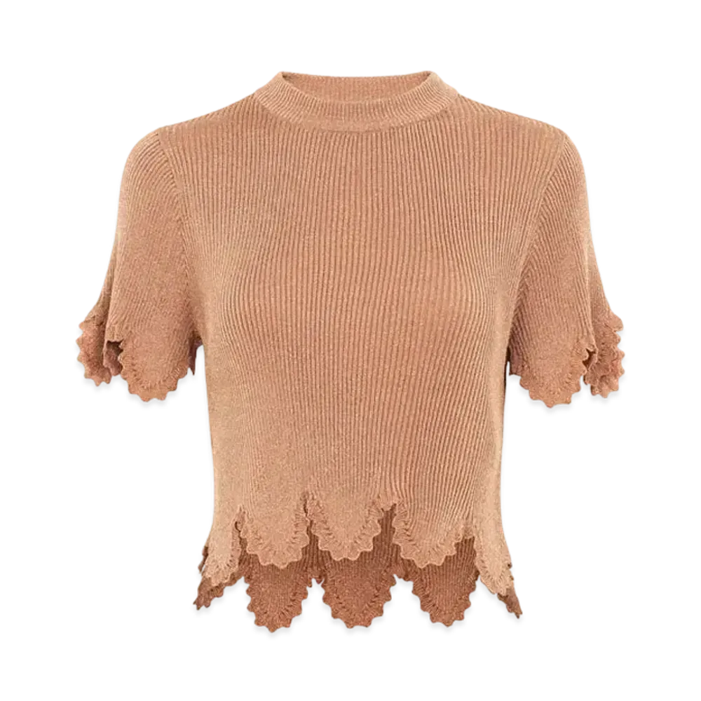 Chloe Cropped Scallop Top In Viscose-Blend Knit "Lovely Beige"