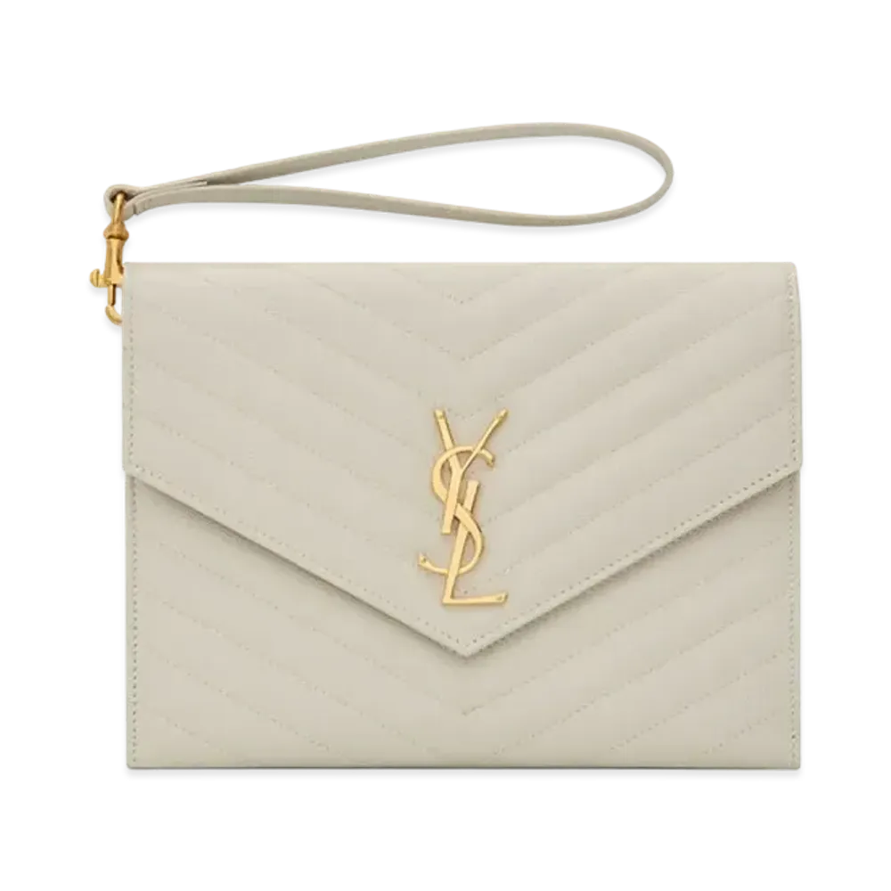 Saint Laurent Monogram Clutch In Quilted Grain De Poudre Embossed Leather "Vintage White"