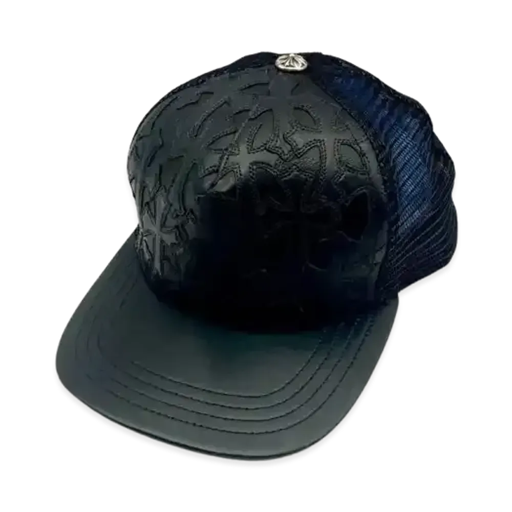 Chrome Hearts Cemetery Cross Leather Trucker Cap "Black"