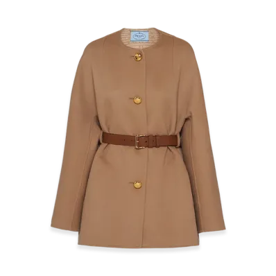 PRADA Women's Single-Breasted Double Wool Caban Jacket "Camel/White"