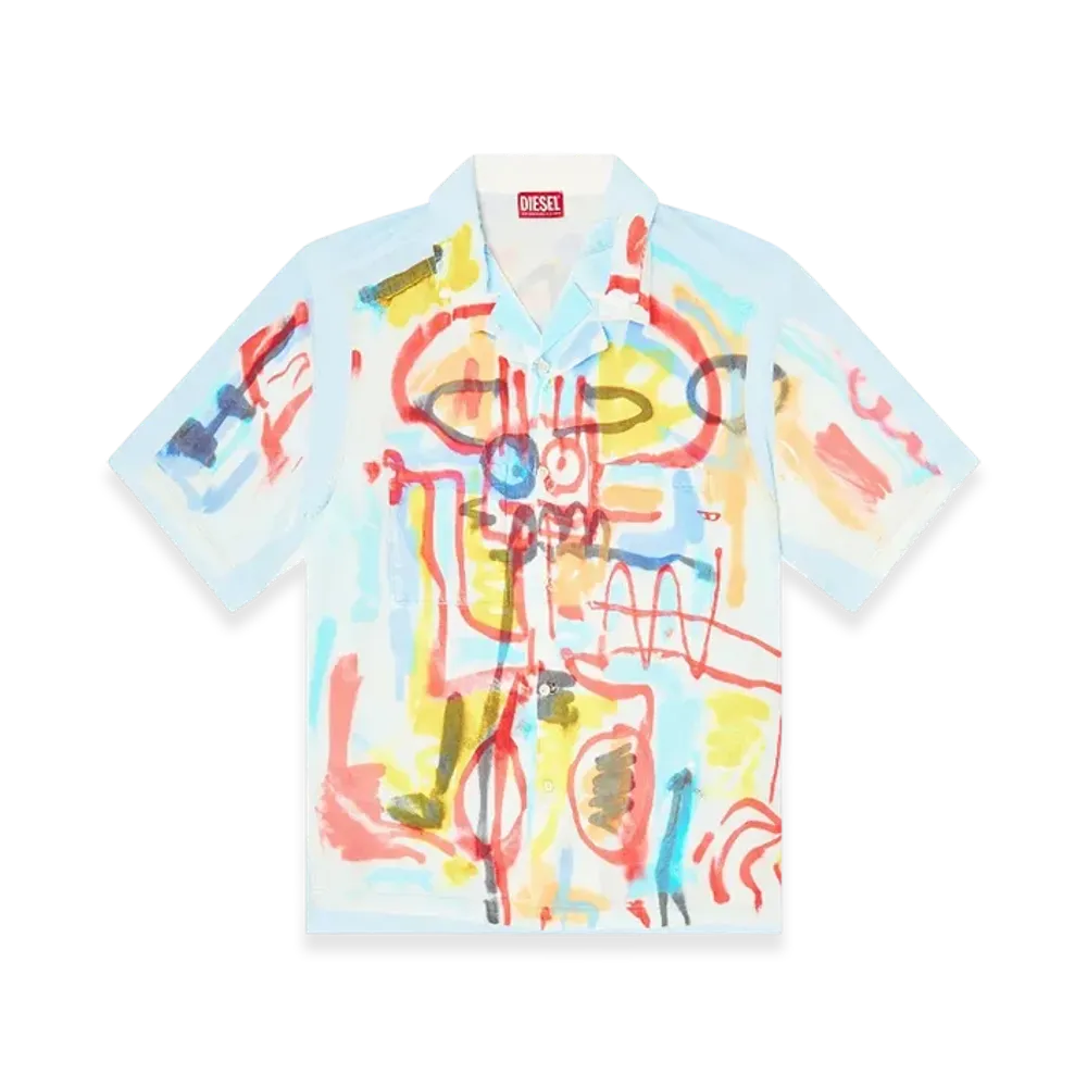 Diesel C-Paroshort-Graffiti-Afr Satin Bowling Shirt With Graffiti Print "Light Blue"